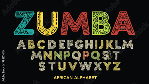 Vibrant and colorful representation of the african alphabet with a creative zumba theme Vector