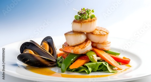 Exquisite seafood platter featuring seared scallops, succulent shrimp, mussels, and colorful vegetables arranged on a white plate with a delicate sauce, showcasing fine dining presentation.