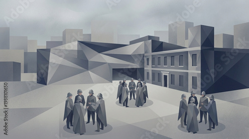 Group of people gathered in a modern urban plaza.