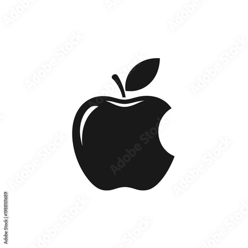 A black apple logo with a leaf.
