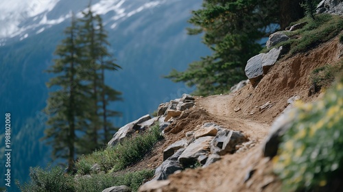 Wilderness crew builds rock retaining wall to stabilize eroding trail edge, backcountry mountain setting, precise stone fitting technique, preventing washout damage, alpine environment, ideal for