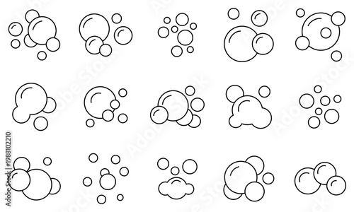 Soap bubbles icon. Foam bubble symbol. Sparkling water. Fizzy soda drops sign. Oxygen sphere pictogram. Effervescent Champagne. Sphere Foam, Aquarium. Clear Soda Drops Line Icon Set. 