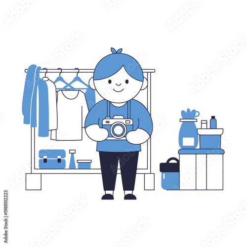 Cartoon Photographer with Camera and Wardrobe Rack