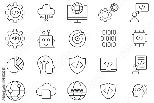 Programming coding icons. Software development icons for web and mobile app. Code, programmer, developer, information technology, coder and more. Programmer and developer symbol vector illustration.