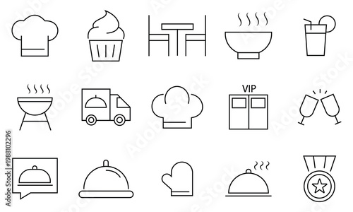 Catering icon set. Containing food service, event planning, dish, table setting, delivery, buffet, fine dining, waiter, tray, food cart, chef and more. Vector illustration.