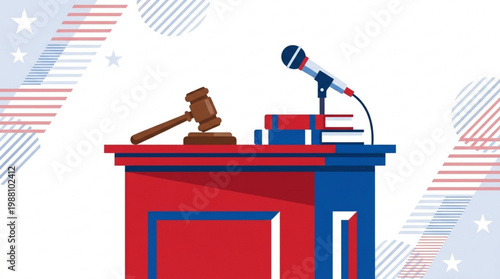 Gavel and Microphone on a Podium Representing Justice and Speech.