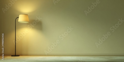 Minimalist floor lamp illuminates a softly lit room with warm light.
