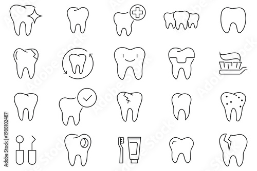 Dental icon set. Containing tooth, dentist, toothpaste, toothbrush, Dental, Tooth, teeth,  dental treatment, prosthetics,  implant, braces, implant and dentistry icons. Vector illustration.