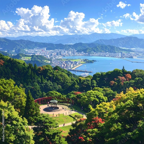 Aerial view of a scenic coastal city surrounded by lush greenery