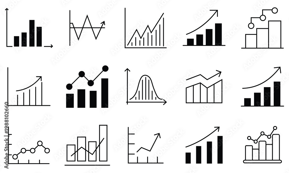 Fototapeta premium Graph line icons. Business graphs and charts icons. Statistics and analytics vector icon. Statistic and data, charts diagrams, money, down or up arrow. Vector illustration