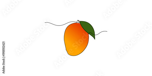 Mango with green leaf hanging, simple flat design vector illustration