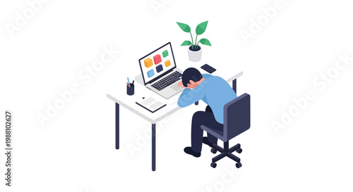 Frustrated person resting head on desk next to laptop with plant and phone on table