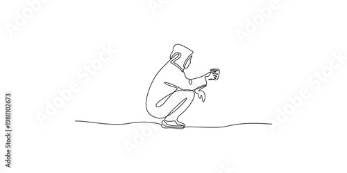 Person squatting with headphones holding coffee cup, continuous line art vector illustration
