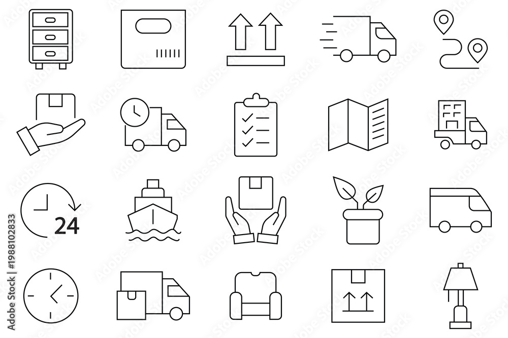 Fototapeta premium Moving Service icons set. Includes moving truck, boxes, dolly, delivery van, packing, loaders, house , checklist, calendar, truck driver, and storage unit. vector illustration.