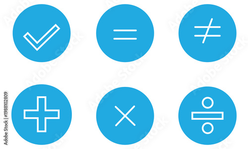 Mathematical comparison icons vector set.  Mathematical symbols, add subtract, pros cons, positive negative, up down buttons in a circle. Vector illustration