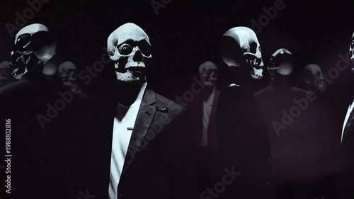 A group of faceless mannequins spinning on an endless loop in a stop motion style.

