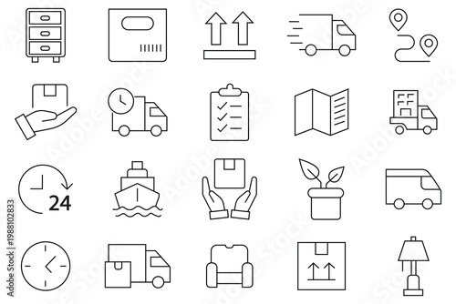 Moving Service icons set. Includes moving truck, boxes, dolly, delivery van, packing, loaders, house , checklist, calendar, truck driver, and storage unit. vector illustration.