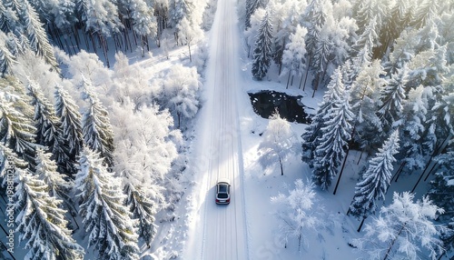 Aerial view of a snow-covered road with a car driving through a frosty forest