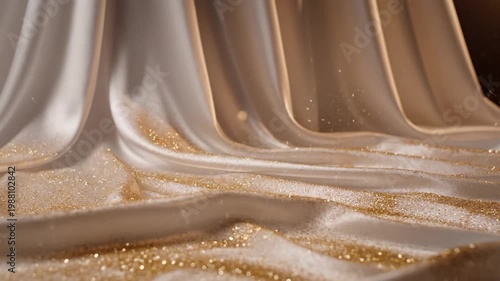 Glittering gold on beige fabric folds.
