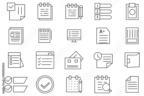 Notes and task icon set. Includes reminder, priority, deadline, completed, calendar, schedule, notification. Simple, flat design for web or mobile app. vector illustration.