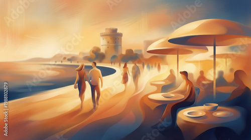 Couple walking along waterfront promenade at sunset.