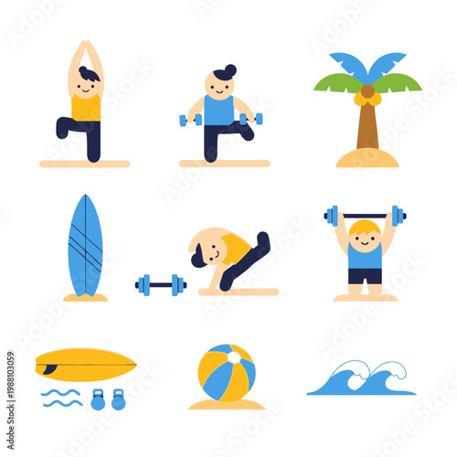 Healthy Lifestyle Flat Icons: Yoga, Surfing, Fitness, Beach Activities