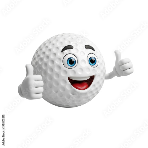 high-quality 3d illustration of a cheerful anthropomorphic golf ball mascot with blue eyes, red smile, and white gloves giving a double thumbs-up on a bright white studio background. concept for