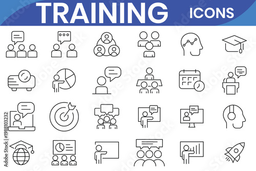 Training web icons in line style. Education, seminar, online test, webinar, course, coaching, mentoring,  meeting, conference, teamwork, distance learning collection. Vector illustration
