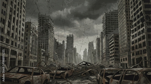 Post apocalyptic city street with destroyed cars and buildings.