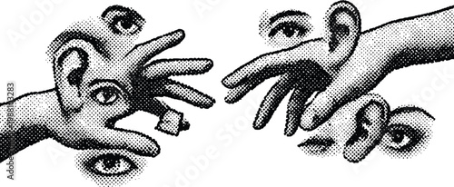 Surreal hand composition featuring human sensory organs like eyes and ears in a creative black and white halftone vector graphic illustration for conceptual artistic designs