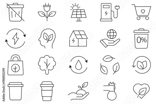 Zero Waste line icon set. showing recycling, eco-friendly lifestyle, biodegradable products, renewable energy, sustainable city, ecology, reuse product, reduce waste. Vector illustration. 