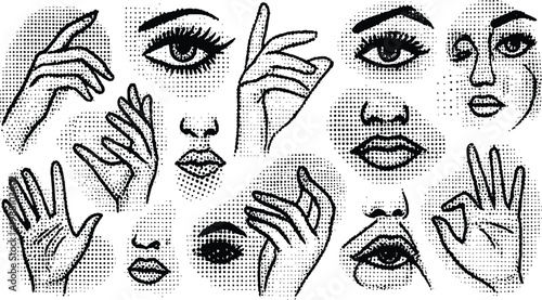 Human facial features vector illustration set containing various eyes lips and hands in a detailed black and white halftone comic book art graphic style