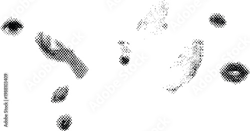 Halftone facial features vector illustration featuring separate eyes lips and hand elements isolated on a white background for creative design projects and artistic graphic compositions