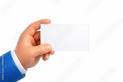 3D cartoon hand holding white blank card. Professional minimalist design for business networking and identification. Use for mockup or presentation templates.