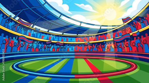 Vibrant Soccer Stadium with Colorful Crowd and Field.