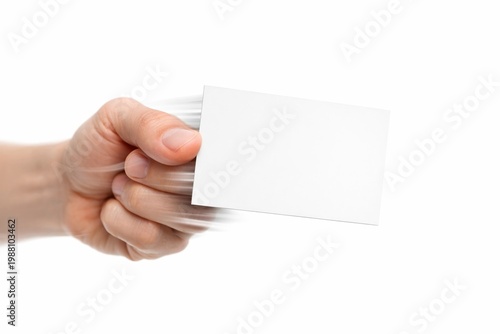 A hand holds a blank white business card with a dynamic motion blur effect. This image represents speed, efficiency, and professional networking. Ideal for corporate branding and marketing.