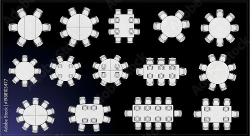 Dining Tables Top View Blueprint Vector Collection – Round and Rectangular Furniture Layout AutoCAD Multi View Technical Drawing White Outline on Black Blue Gradient Background