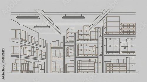 Warehouse Interior with Shelving and Boxes.