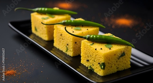 Traditional Indian Khaman Dhokla served on a black slate, garnished with vibrant green chilies and a sprinkle of red chili powder, a flavorful and spicy snack.