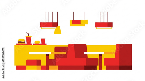 Modern Fast Food Restaurant Interior with Booths and Tables.