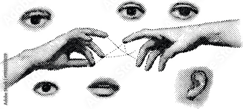 Human hands touching with string vector illustration featuring artistic body parts like eyes lips and ear in a vintage halftone style for modern graphic design