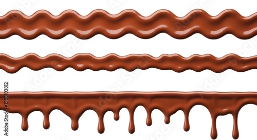 Seamless chocolate drips and waves on a pure white background, showcasing rich, glossy textures perfect for dessert designs, confectionery branding, and sweet treats.