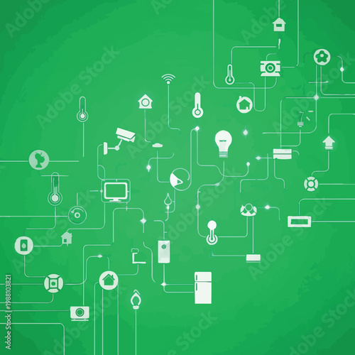 Smart home technology devices connected on green background with network lines and icons in modern vector illustration
