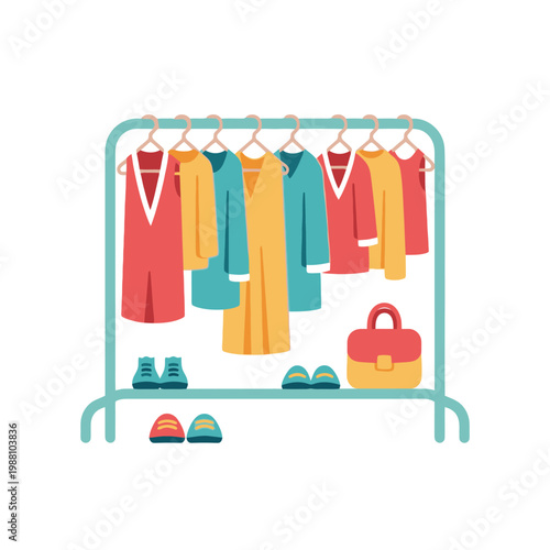 Wardrobe rack with colorful dresses, shoes and handbag, flat design illustration.