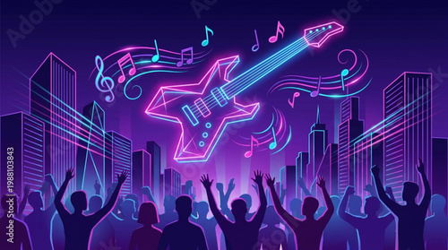 Neon Electric Guitar With Music Notes Over Crowd.