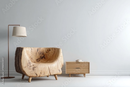 A uniquely carved wooden chair sits beside a small table and floor lamp.