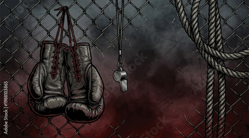 Pair of worn boxing gloves hanging on a chain-link fence.