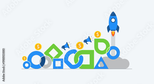 Rocket Ship Launching Geometric Shapes Upward.