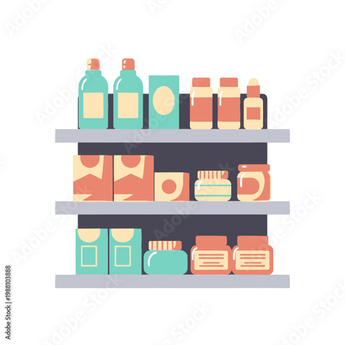 Retail Shelving Unit with Various Products, Bottles and Jars