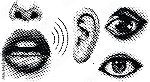 Human sensory organs vector illustration featuring halftone style nose mouth ear and eyes designed for medical or communication concept projects isolated on white background